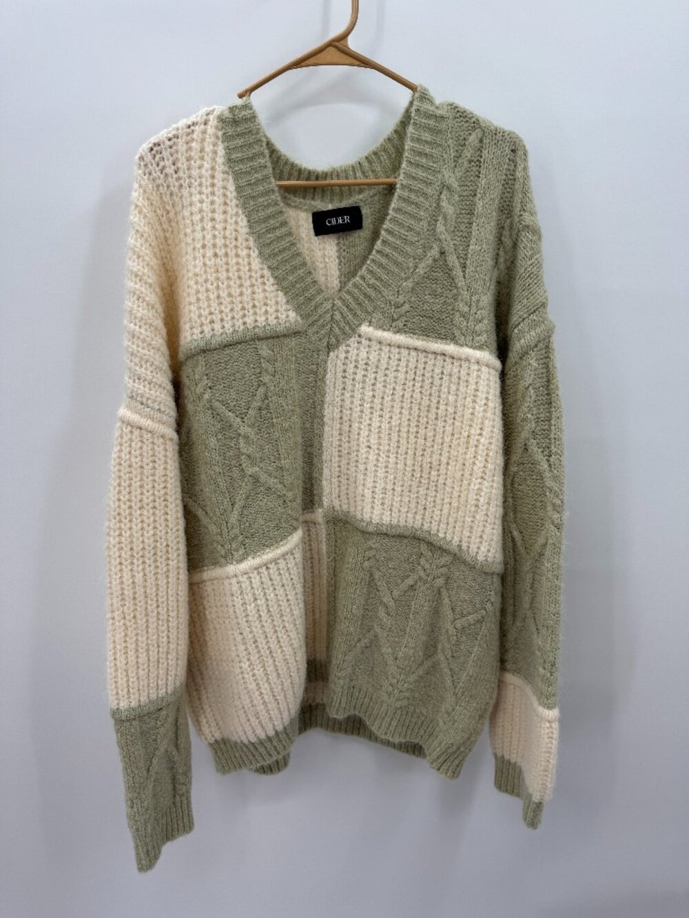 Cider Sage Green Cream Patchwork Cable Knit V-Neck Oversized Sweater Size L/XL